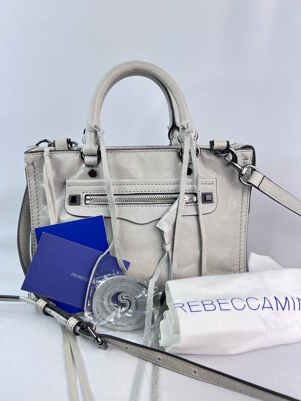 NWT Rebecca Minkoff Micro Regan Leather Satchel Bag Light Grey Putty Crossbody